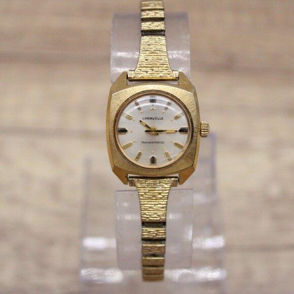 Vintage Caravelle By Bulova Watch Women Gold Tone Round Dial Stretch Band - Picture 2 of 8